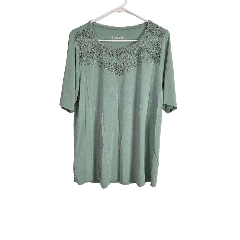 Soft Surroundings Coquette Top L Womens‎ Green Lace Detail Short Sleeve Flowy
